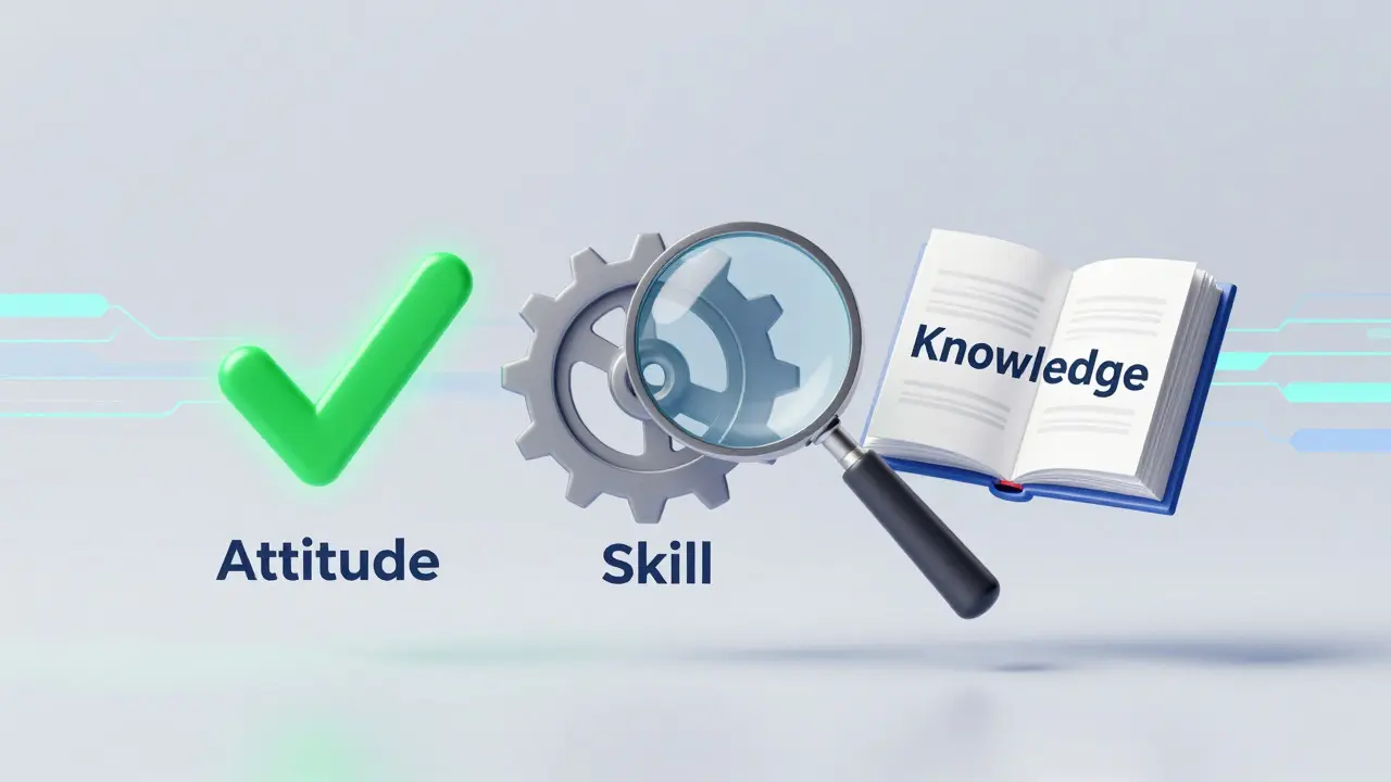 Illustration of attitude, skill, and knowledge icons under a magnifying glass.