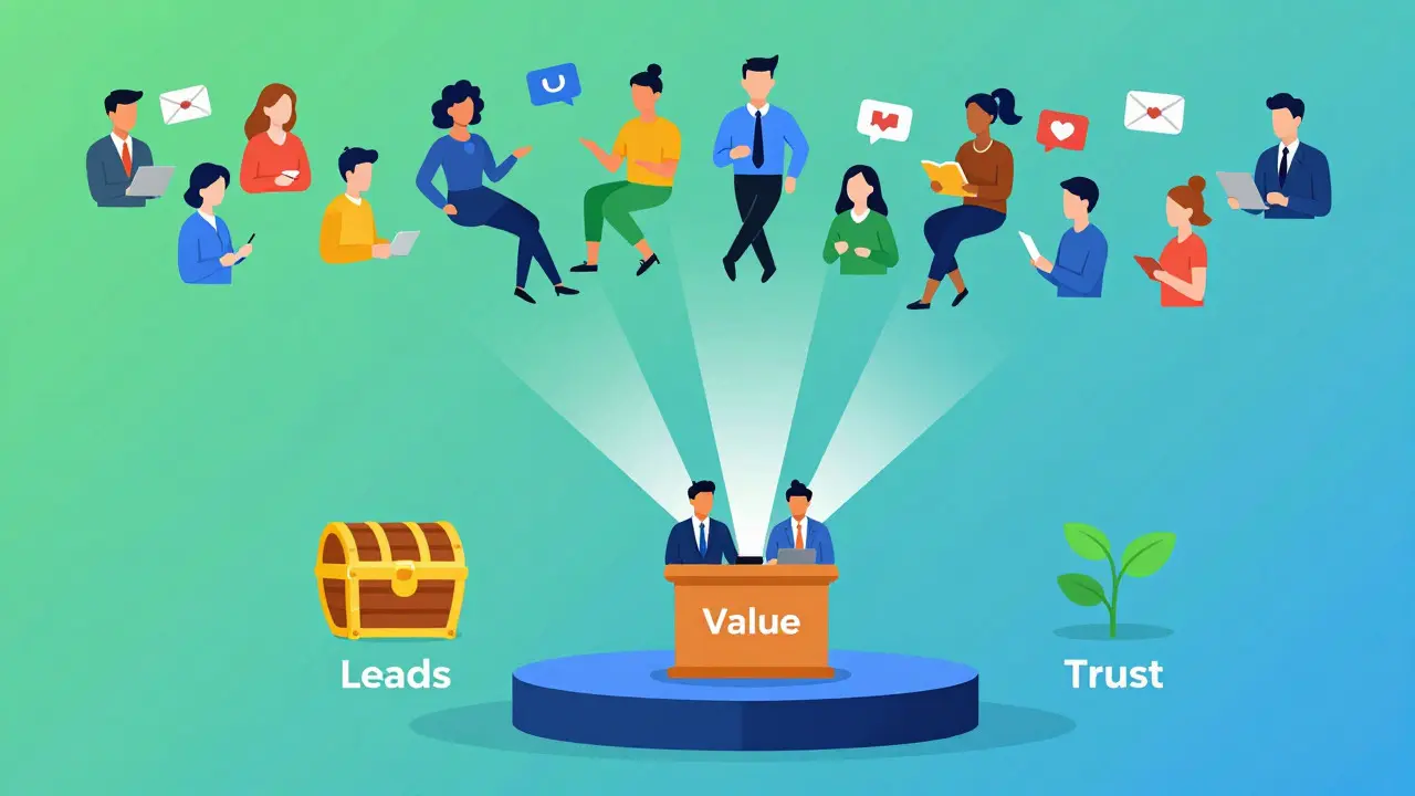 Illustration of webinar attendees converting into leads through value.