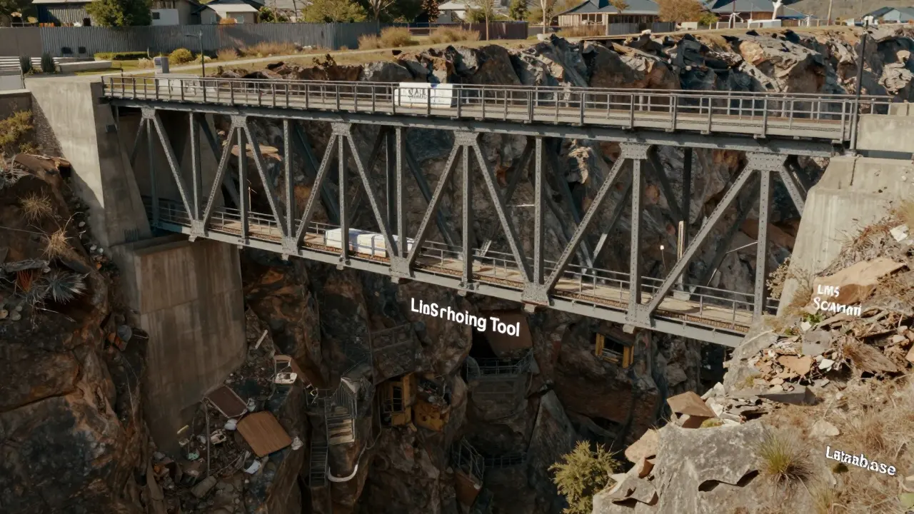 Industrial bridge connecting authoring tool to LMS database symbolizing SCORM