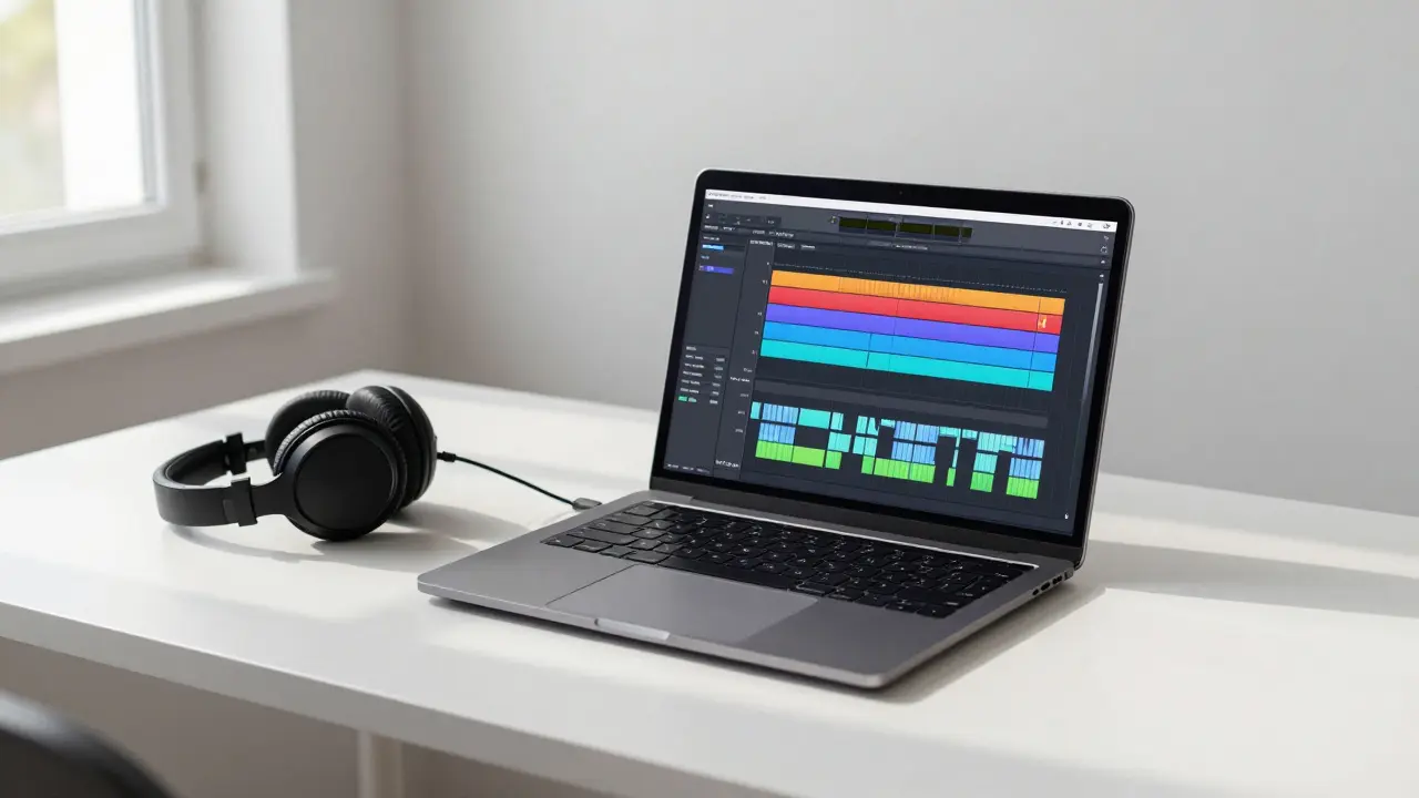 Minimalist desk setup with headphones and laptop showing audio editing software