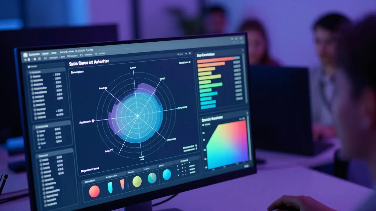 Modern dashboard showing radar charts and heatmaps for skills