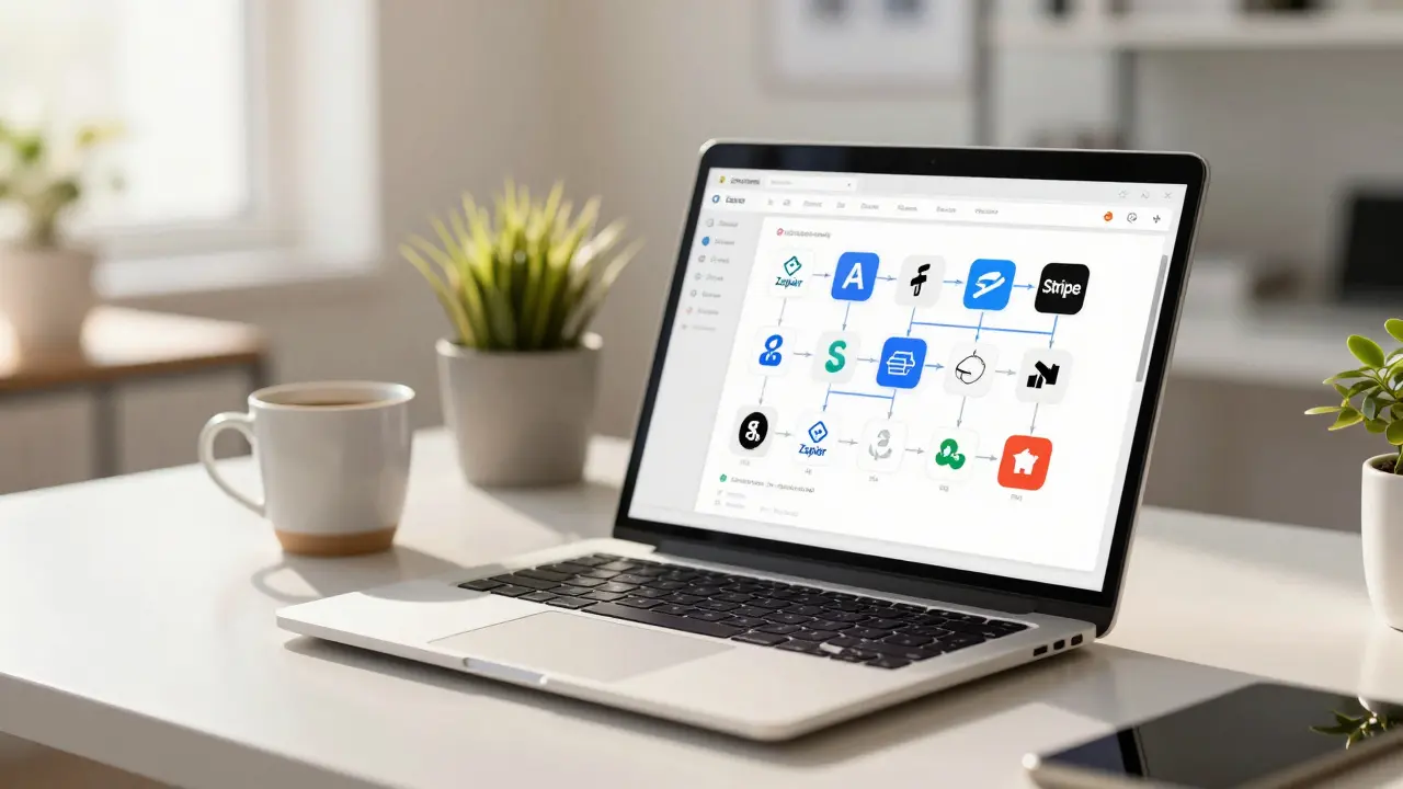 Modern desk with laptop showing automated business workflow tools