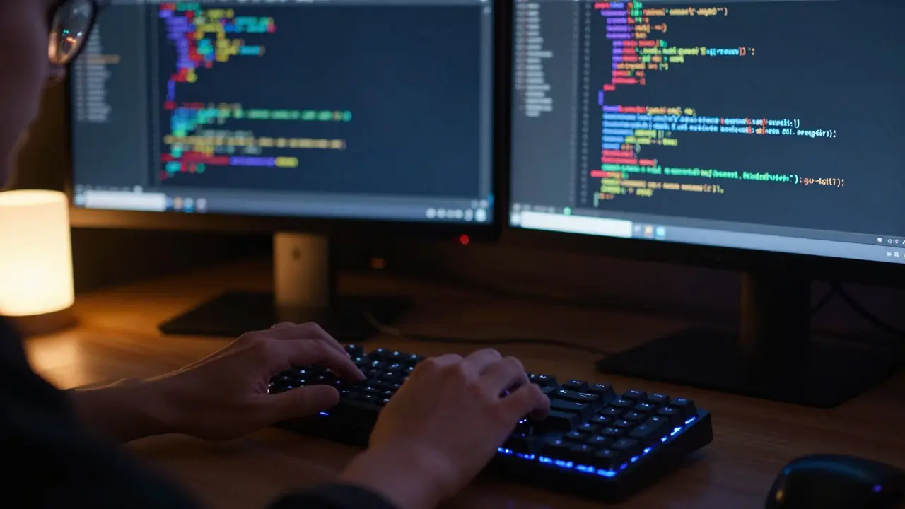 Person typing code on a keyboard with glowing screens in a dark room