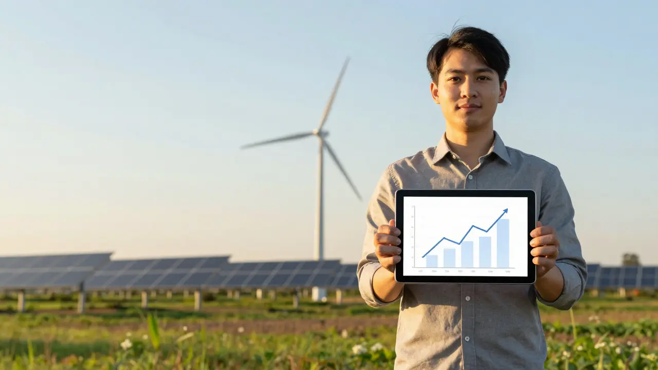 Professional holding tablet with wind and solar farm background