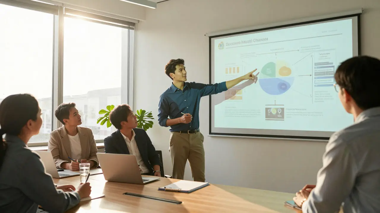 Professional presenting a marketing campaign strategy to mentors in an office.