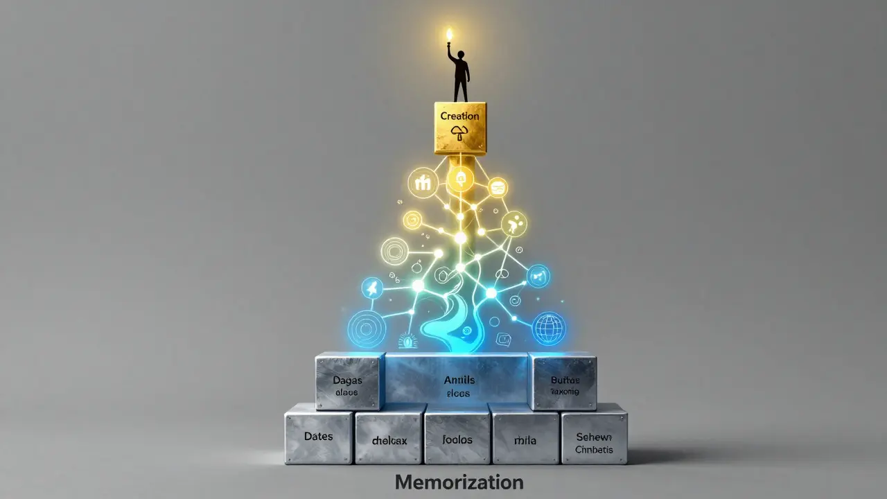 Pyramid diagram illustrating progression from rote memorization to creative synthesis