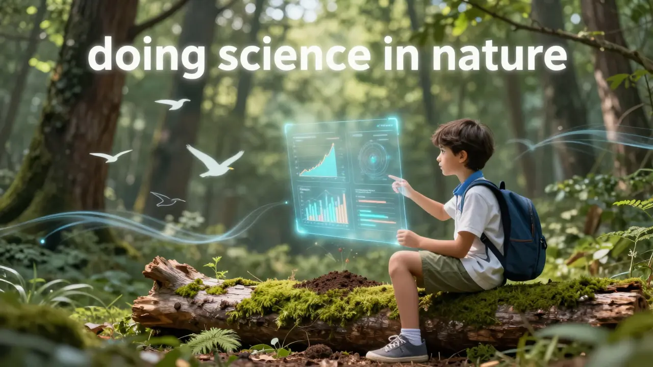 Student analyzing holographic data projections from soil samples in a forest