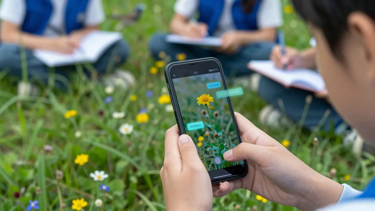 Student using AR app to identify a wildflower with digital overlays in a meadow