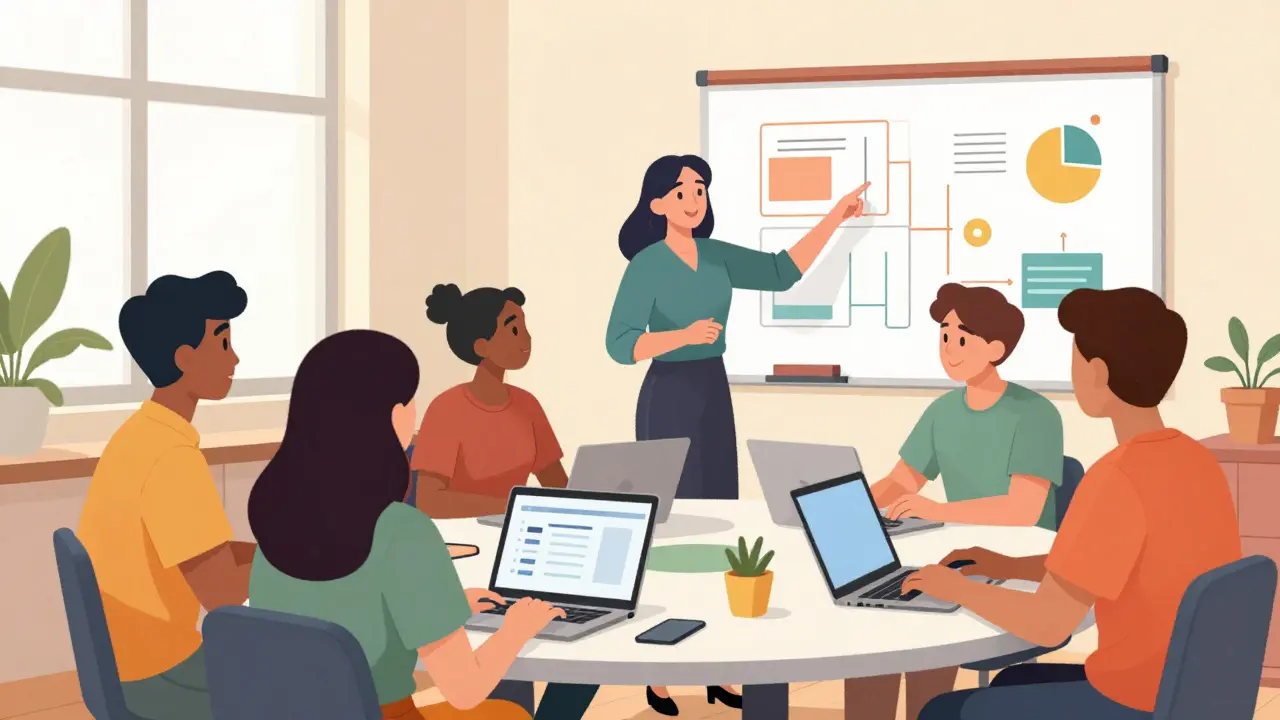 Students collaborating in a bright classroom during an engaging themed workshop session.