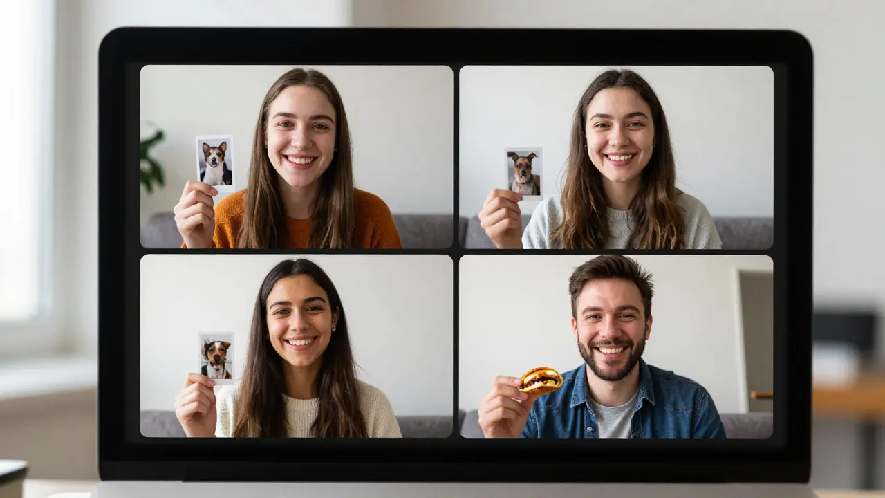 Students sharing personal items in a friendly video call