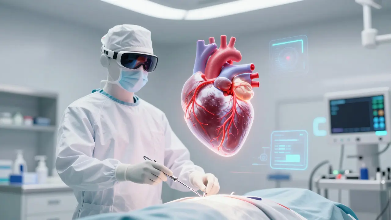 Surgeon avatar practicing on a floating 3D heart in virtual reality