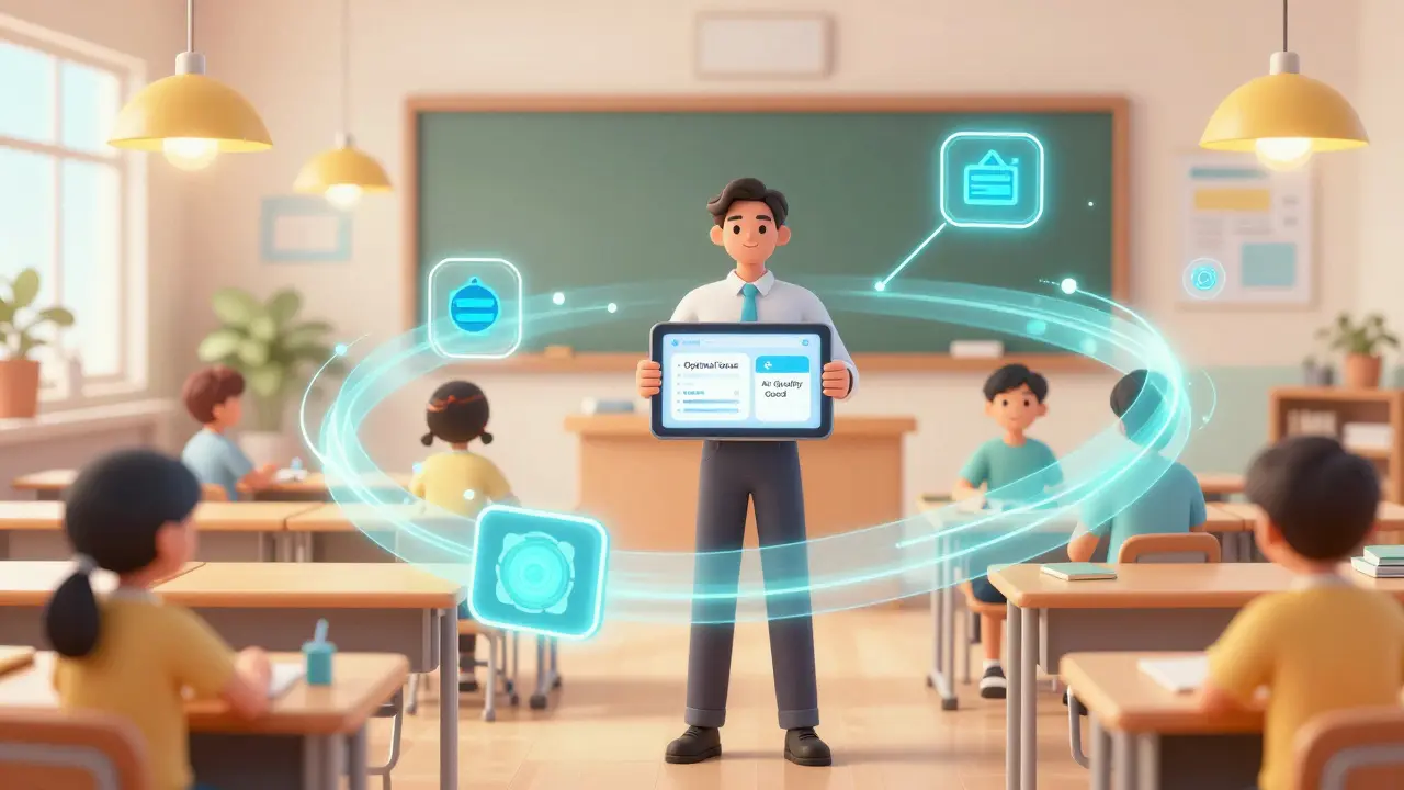 Teacher using a tablet dashboard connected by light streams to classroom IoT devices.