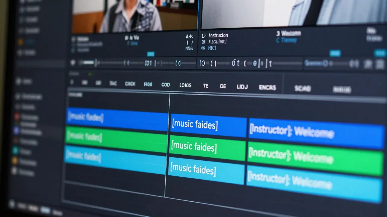 Video editing software showing synchronized caption tracks