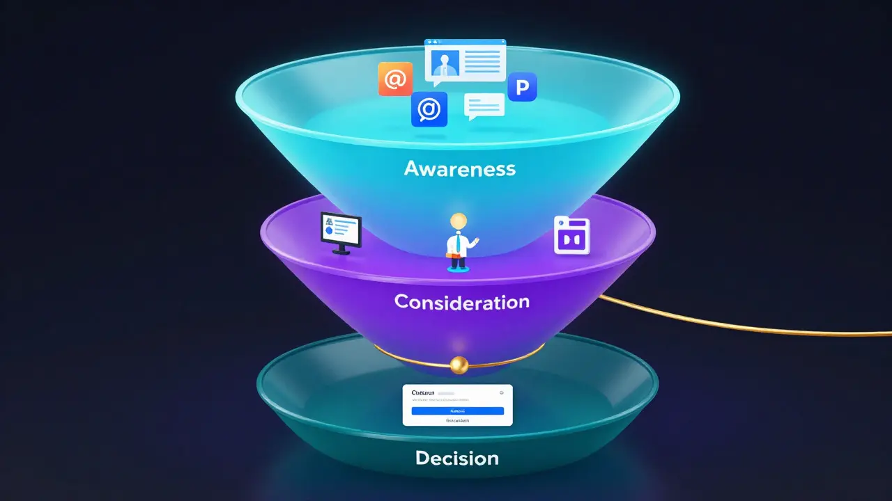3D render of a student journey funnel with connected awareness, consideration, and decision stages.