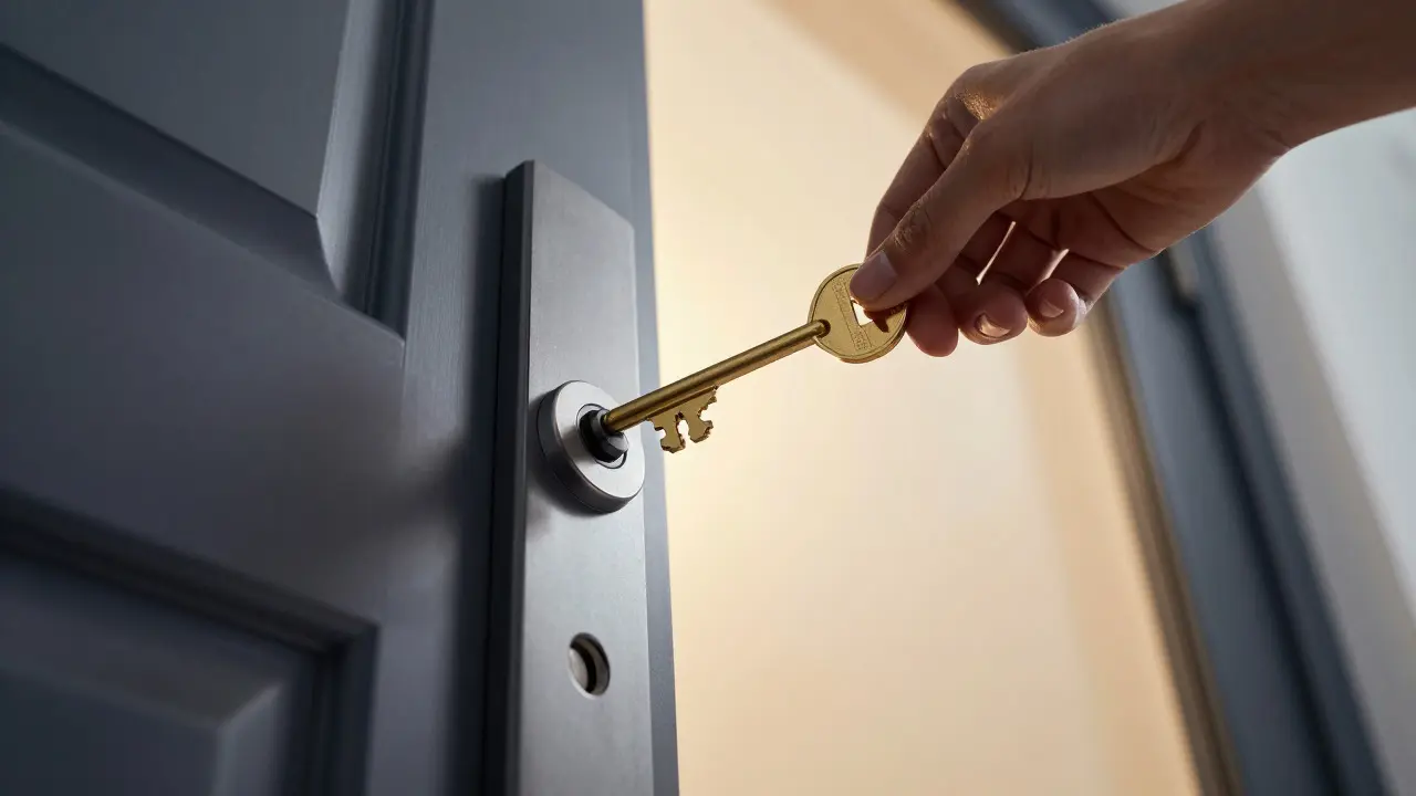 A hand inserting a golden key into a modern front door, symbolizing professional entry