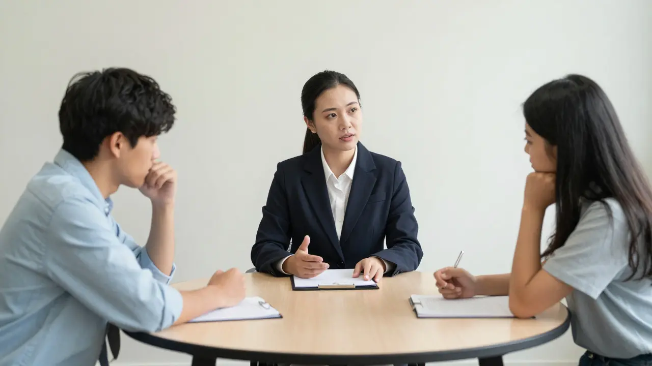 A mediator facilitating a discussion between two students in a calm conference room