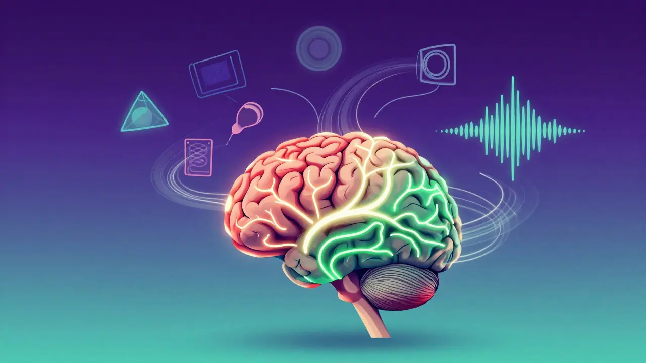 Abstract illustration of a brain with changing neural pathways and data streams