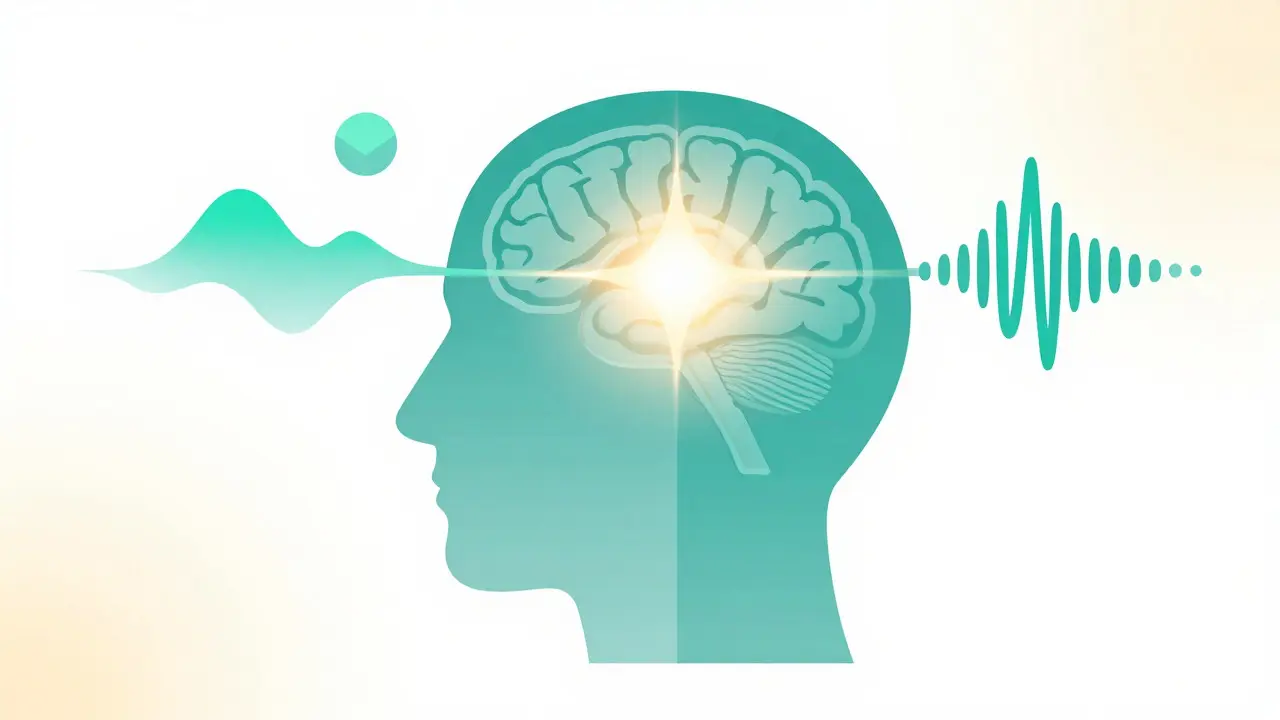 Abstract illustration showing visual and auditory information merging in the brain