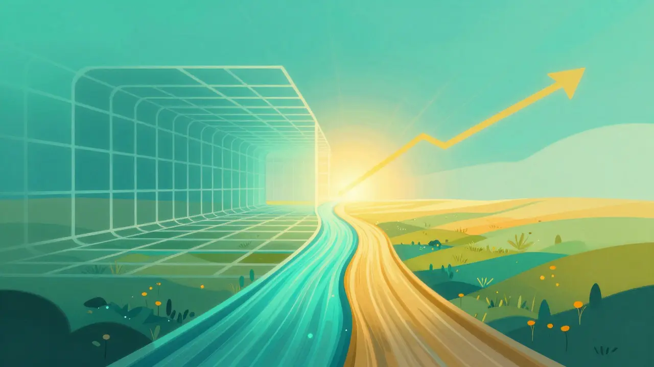 Abstract paths merging to symbolize hybrid course strategies