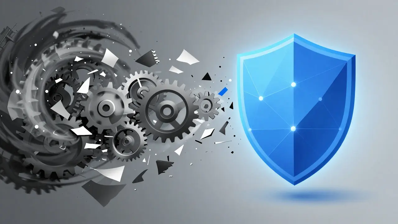 Abstract visual showing chaos transforming into a structured, resilient blue geometric form.