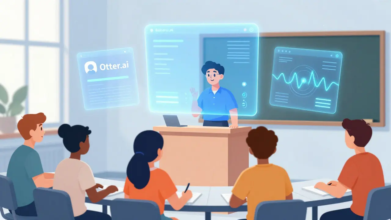 Classroom with holographic overlays showing real-time captions and accessibility tech.