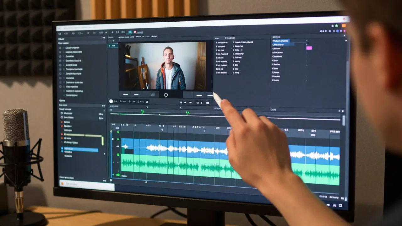 Close-up of an editor refining synchronized captions on a video timeline