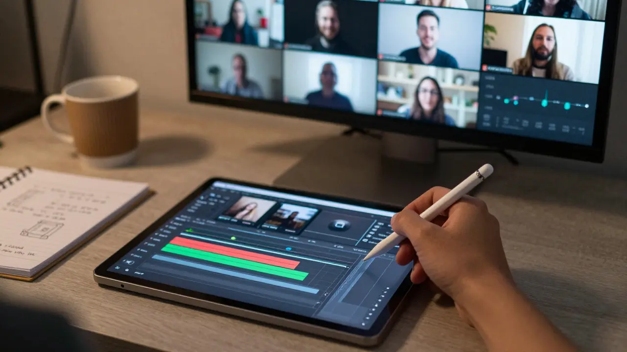 Close-up of an editor using a tablet to select and tag segments from a video recording