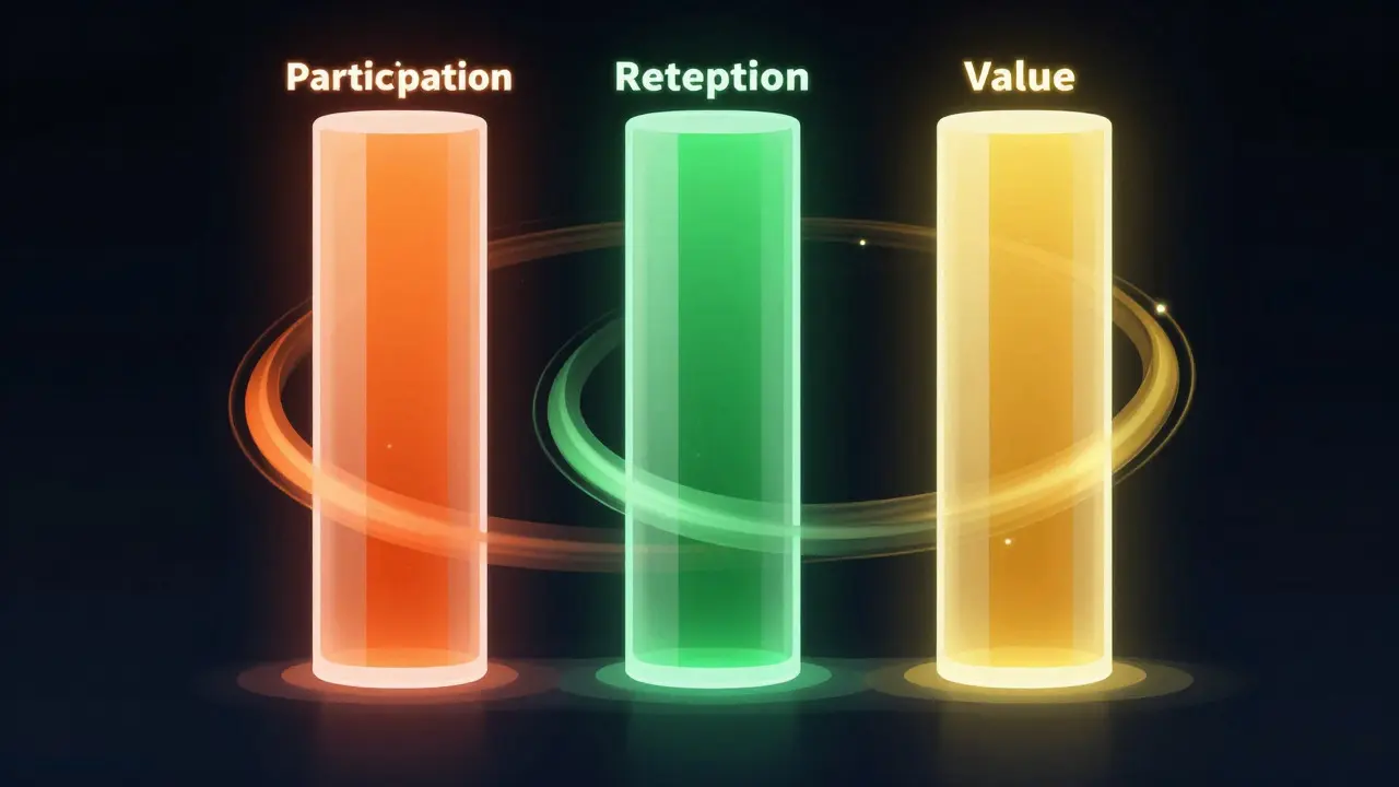 Conceptual art of three glowing pillars representing community health metrics
