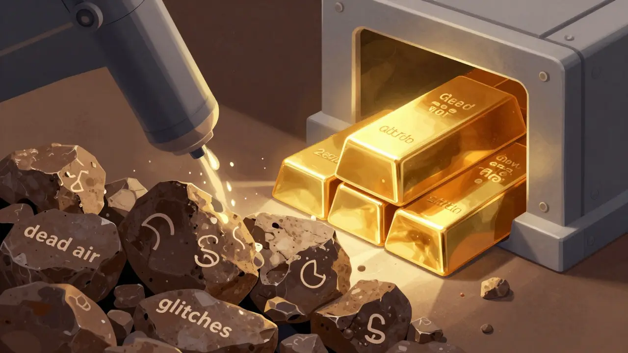 Conceptual art showing raw rocks transforming into golden bars through a refining machine