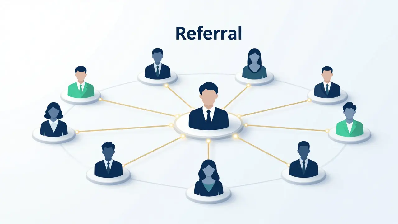 Conceptual diagram showing a professional connected to a network of employers and referrals