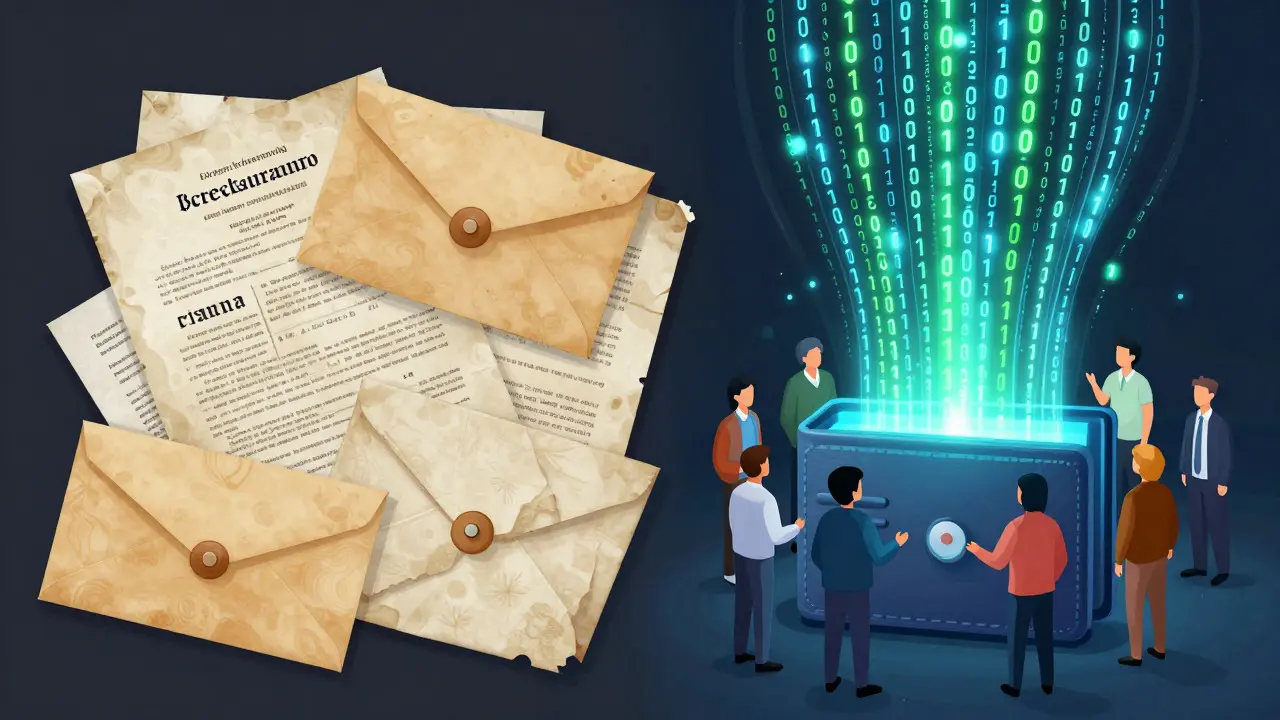 Contrast between paper diplomas and glowing blockchain digital wallets