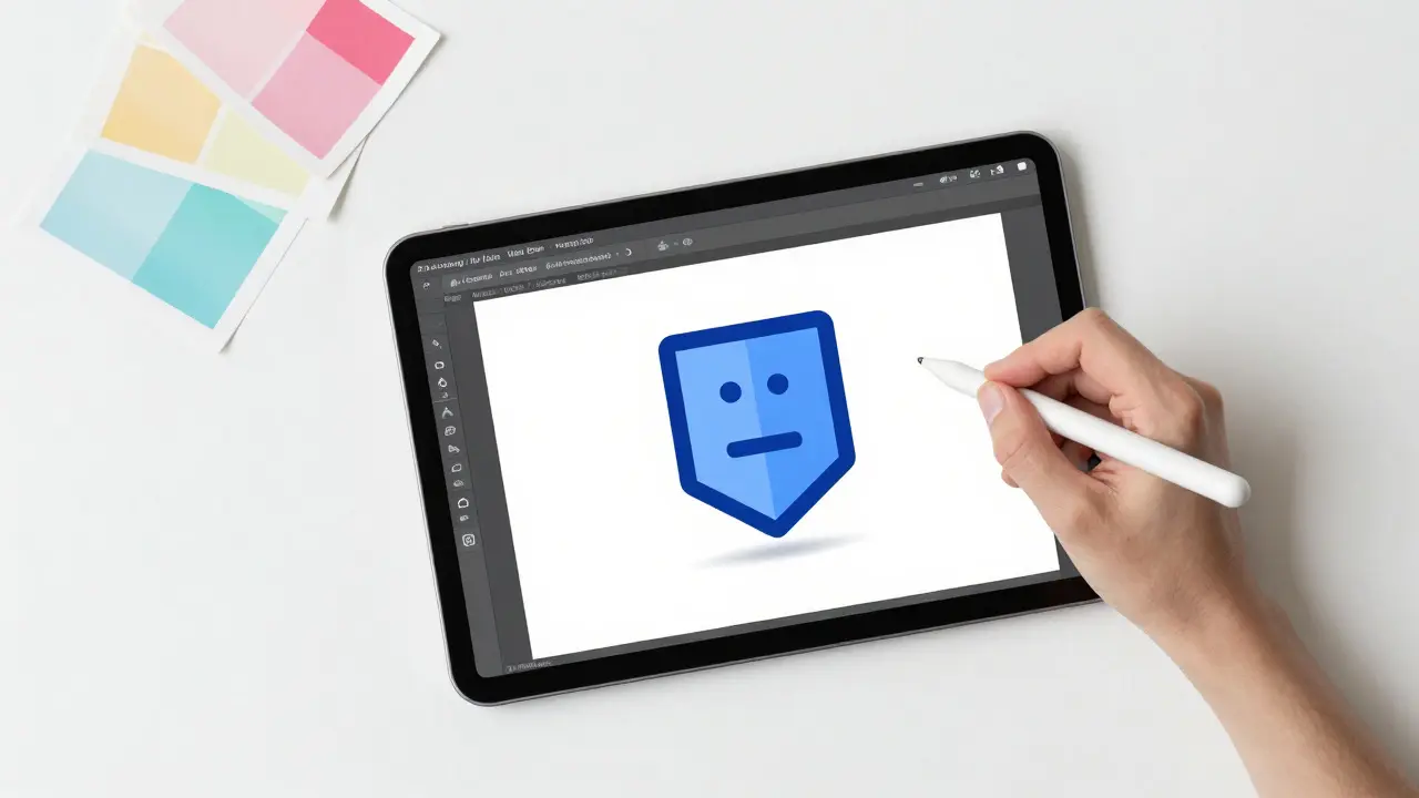 Designer creating a vector digital badge graphic on a tablet with color swatches nearby.