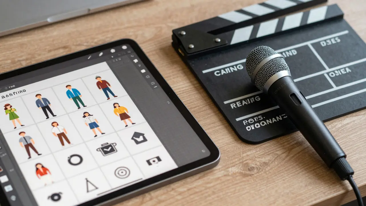 Designer desk showing digital animation layers next to physical filming equipment