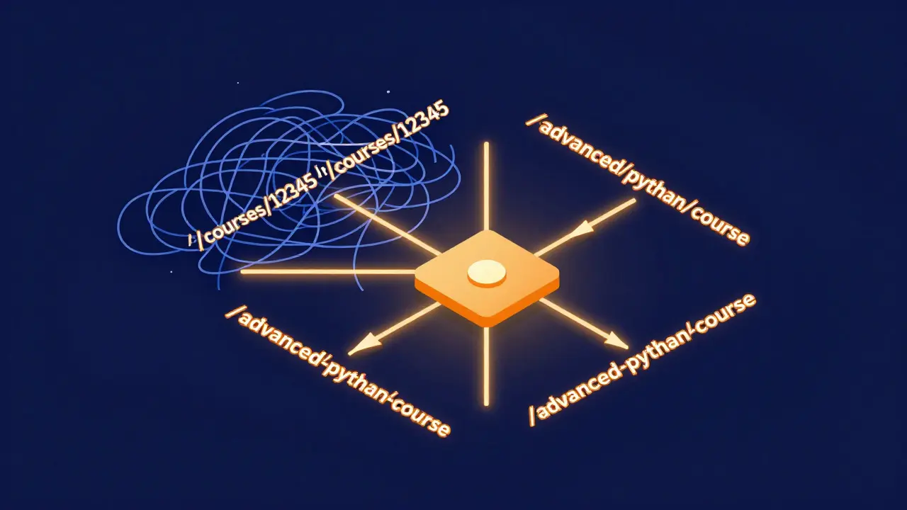 Diagram of optimizing messy URLs into clean keywords