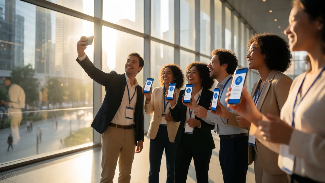 Diverse group of certified professionals celebrating success with digital badges
