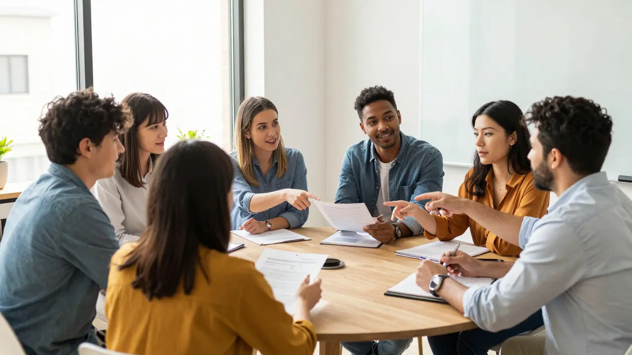 Diverse group of professionals collaborating around a table in a bright office