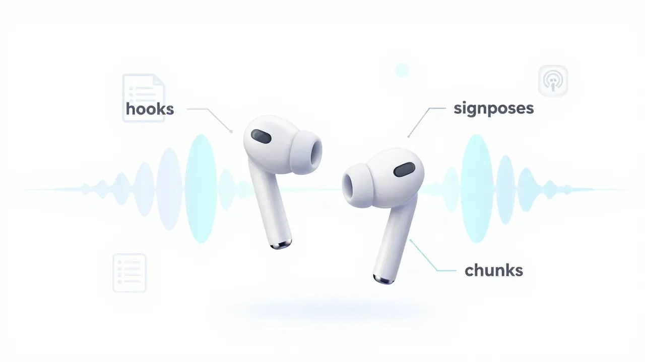 Earbuds emitting sound waves forming structured learning concepts and transcripts