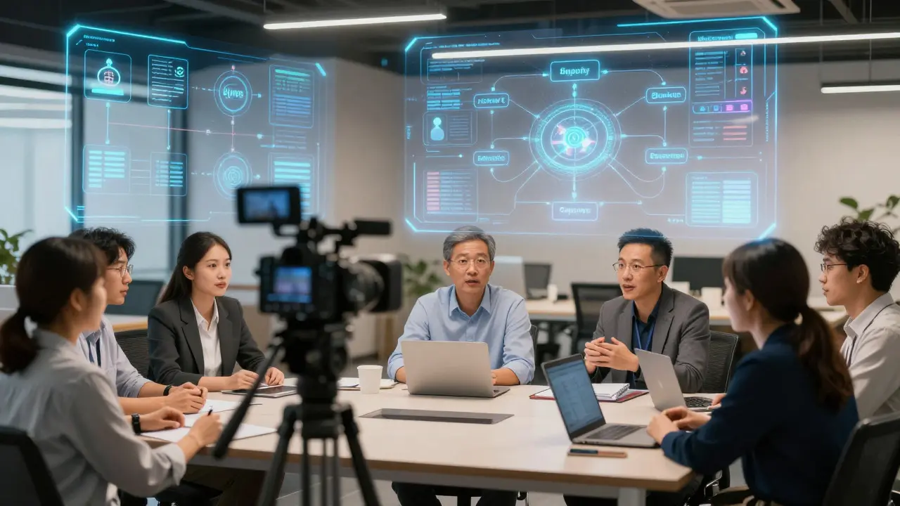 Employees discussing while holographic animated data floats behind them