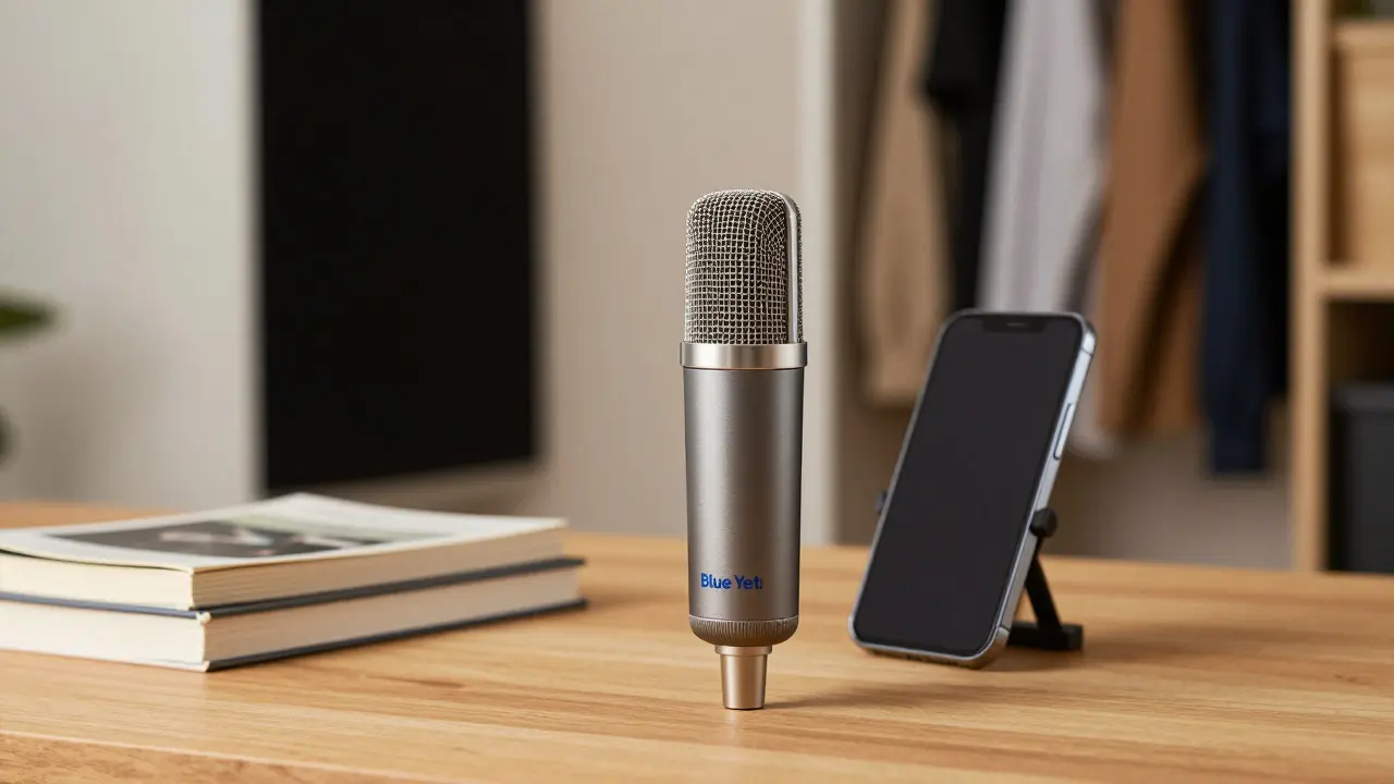 Home recording setup with USB mic and smartphone near a closet vocal booth