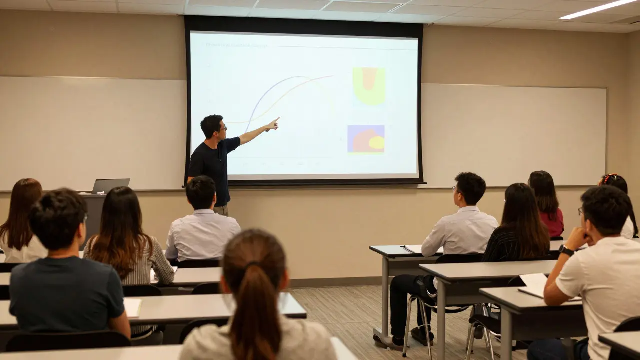 Instructor engaging with students in a lecture hall discussing course adjustments
