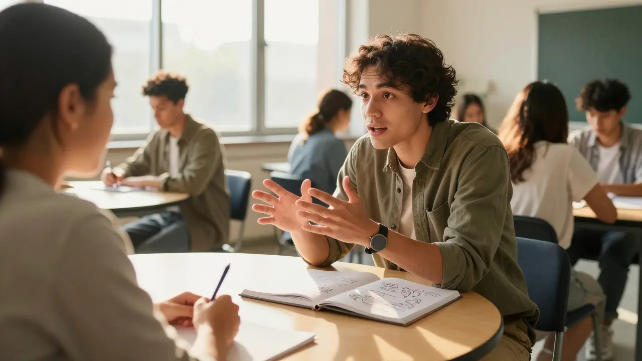 Instructor listening to a student explain their work during an oral defense session