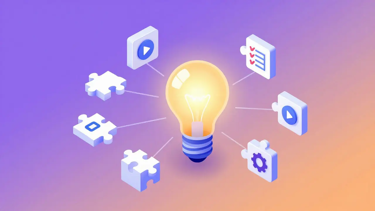 Isometric illustration of modular microlearning course blocks
