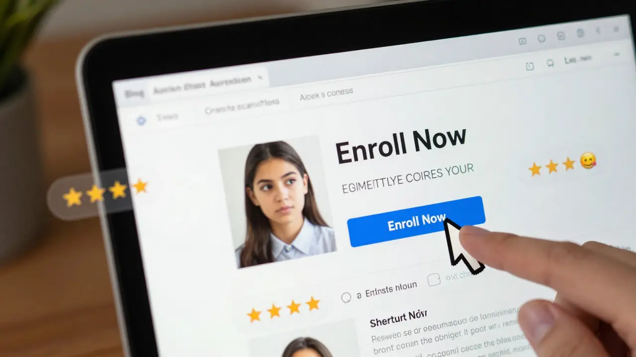 Laptop screen showing a blog post with a highlighted enrollment button
