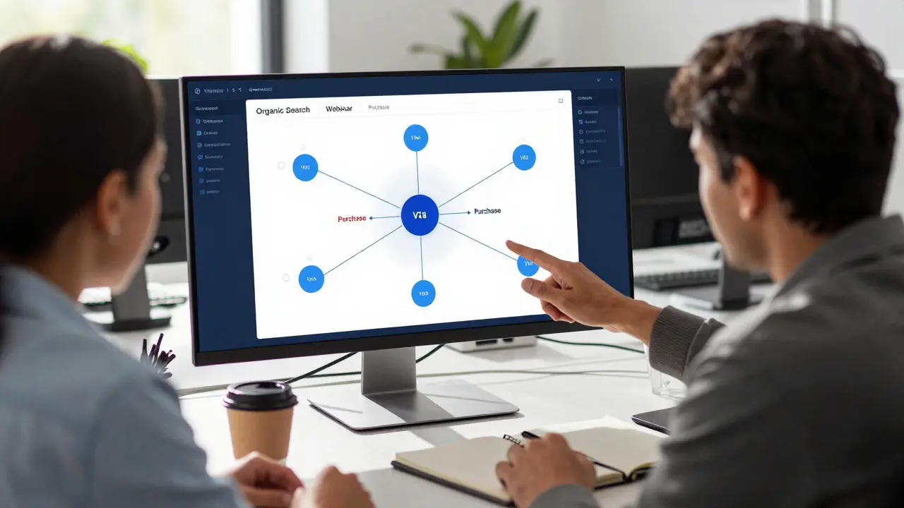 Marketers analyzing a customer journey map on a monitor in a sunlit office.