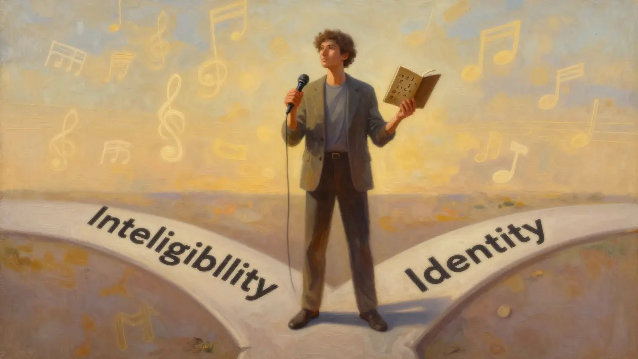 Person holding mic and IPA book at crossroads of intelligibility and identity, warm light.