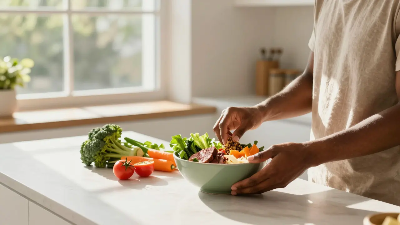 Person preparing a healthy, colorful meal in a bright, modern kitchen