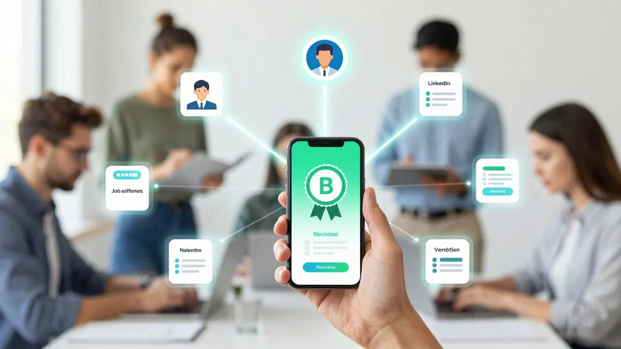 Professional sharing a verified digital badge via smartphone, connecting to career opportunities.