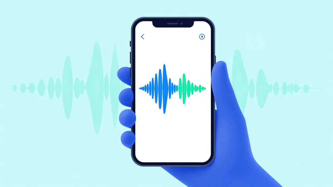 Smartphone displaying speech app with blue and green waveform comparison graphics.
