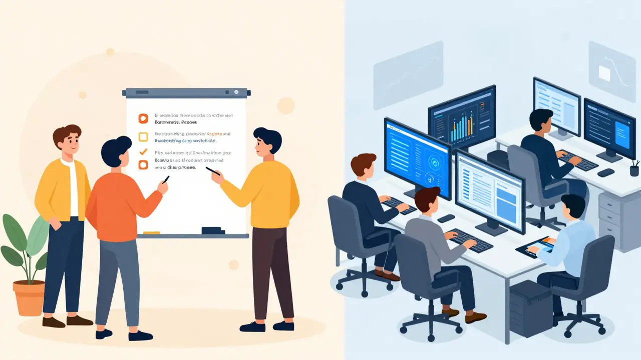 Split illustration showing a small casual team on the left and a large structured corporate team on the right.