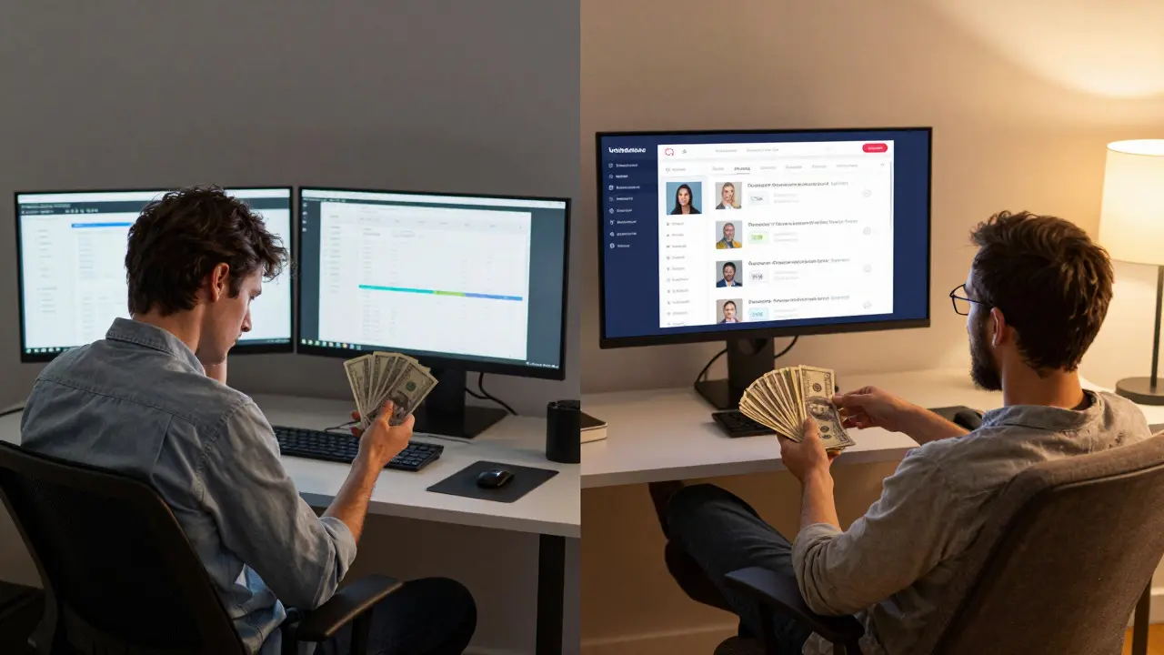Split screen comparing direct sales stress vs platform ease
